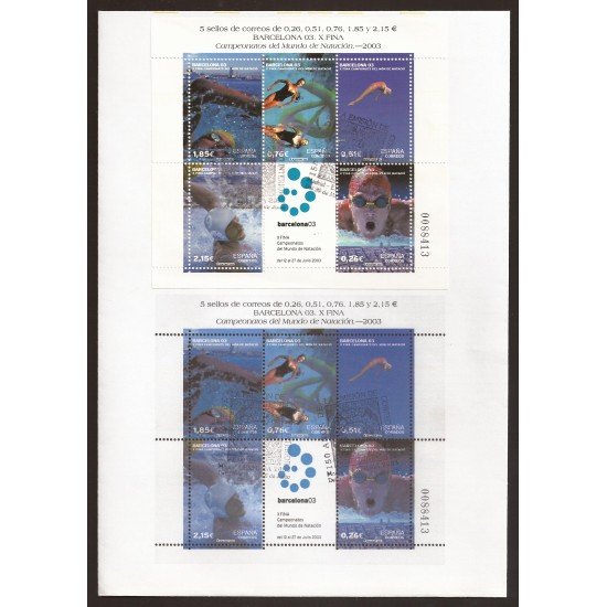 España 3991 2003 Hojita sobre matasello Campeonatos de Natación Barcelona 2003 España 3991 2003 Hojita sobre matasello Campeonatos de Natación Barcelona 2003