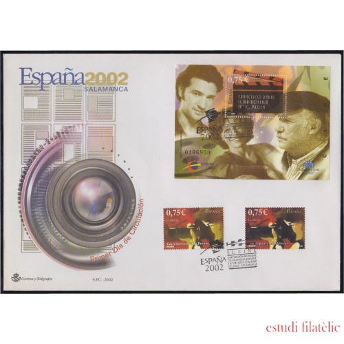 España 3944 2002 HB + 2 sellos 3947 Sobre Primer Día matasello Expo Mundial 