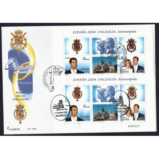 España 4087 2004 2 HB 2004 con matasello y Sobre Primer Día Monarquía