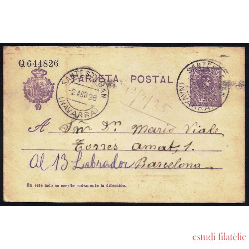 España Spain Entero Postal 50 Alfonso XIII 1925 Santesteban 