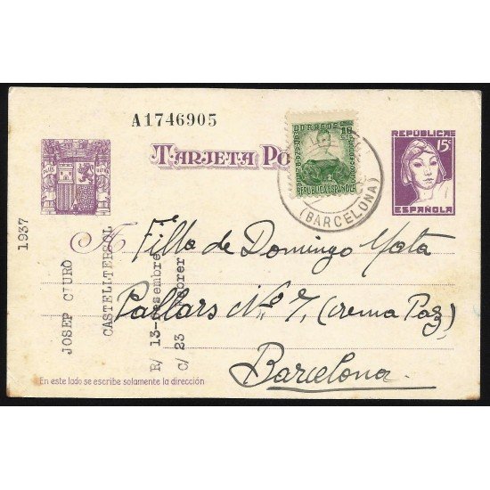 España Spain Entero Postal 75 Matrona Matasello 1937 Castelltersol España Spain Entero Postal 75 Matrona Matasello 1937 Castelltersol