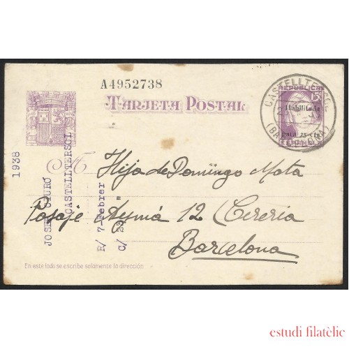 España Spain Entero Postal 75n Matasello 1938 Castelltersol