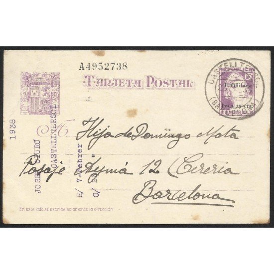 España Spain Entero Postal 75n Matasello 1938 Castelltersol España Spain Entero Postal 75n Matasello 1938 Castelltersol