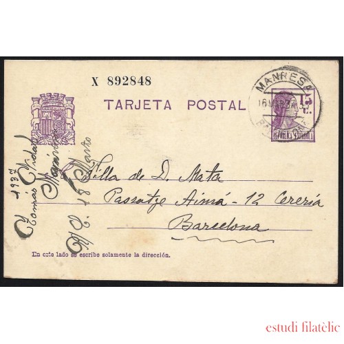España Spain Entero Postal 69 Matrona 1937 Manresa