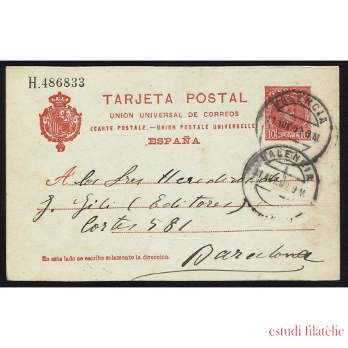 España Spain Entero Postal 47 Matasello 1909 Valencia