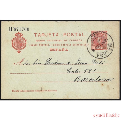 España Spain Entero Postal 47 Matasello 1909 Málaga
