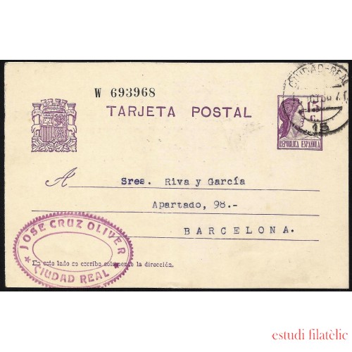 España Spain Entero Postal 69 Matrona 1936 Ciudad Real