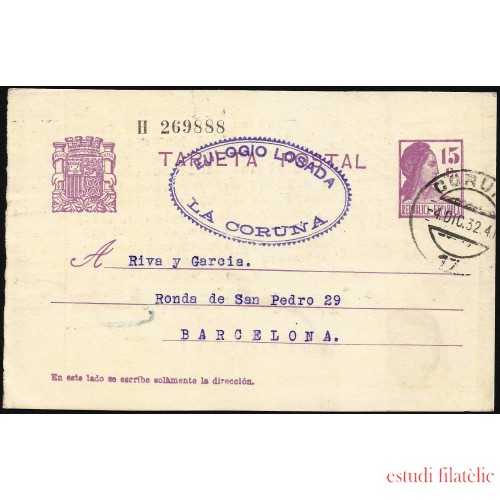 España Spain Entero Postal 69 Matrona 1932 Coruña