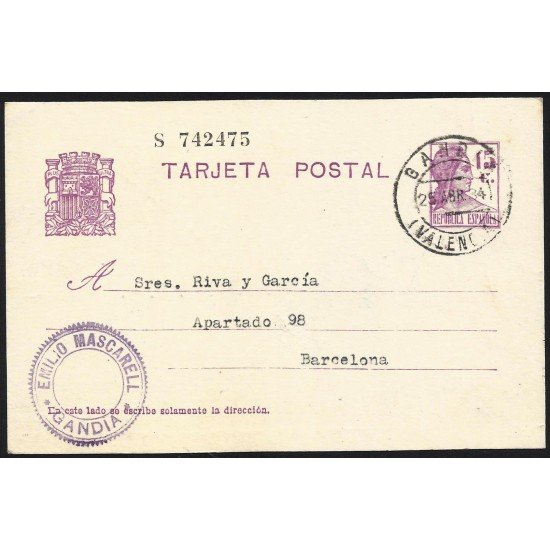 España Spain Entero Postal 69 Matrona 1934 Gandía España Spain Entero Postal 69 Matrona 1934 Gandía