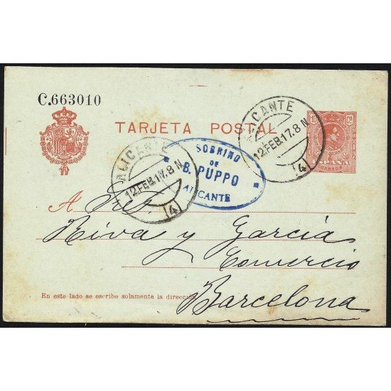 España Spain Entero Postal 49 Alfonso XIII 1917 Alicante