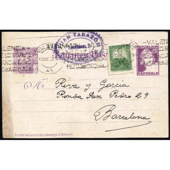 España Spain Entero Postal 75 Matrona Matasello 1937 Valencia España Spain Entero Postal 75 Matrona Matasello 1937 Valencia