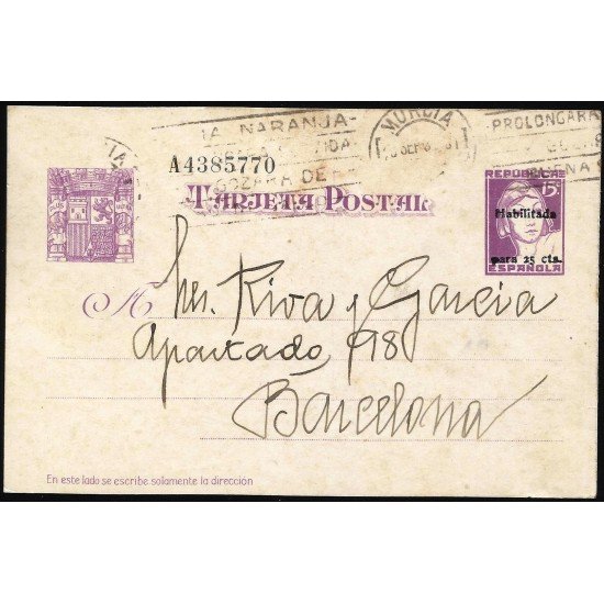 España Spain Entero Postal 76 Matrona Matasello 1937 Murcia España Spain Entero Postal 76 Matrona Matasello 1937 Murcia