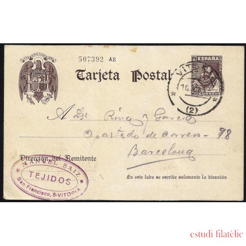 España Spain Entero Postal 83 Cervantes Matasello 1940 Vitoria