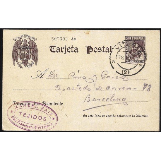 España Spain Entero Postal 83 Cervantes Matasello 1940 Vitoria España Spain Entero Postal 83 Cervantes Matasello 1940 Vitoria