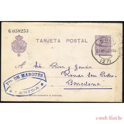 España Spain Entero Postal 50 Alfonso XIII 1921 Lérida
