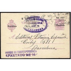 España Spain Entero Postal 61 Alfonso XIII 1931 Zaragoza