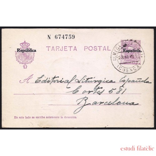 España Spain Entero Postal 61 Alfonso XIII 1931 Olmeda de la Cuesta