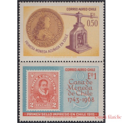 Chile A- 253/54 1968 1º sello impreso y moneda acuñada en Chile MNH
