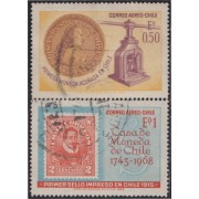 Chile A- 253/54 1968 1º sello impreso y moneda acuñada en Chile usados Chile A- 253/54 1968 1º sello impreso y moneda acuñada en Chile usados