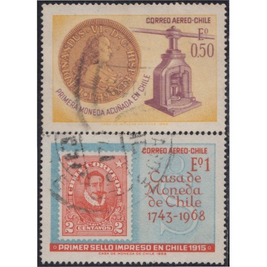 Chile A- 253/54 1968 1º sello impreso y moneda acuñada en Chile usados Chile A- 253/54 1968 1º sello impreso y moneda acuñada en Chile usados