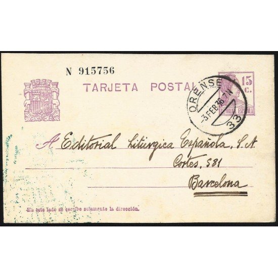 España Spain Entero Postal 69 Matrona 1936 Orense