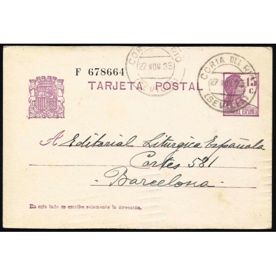 España Spain Entero Postal 69 Matrona 1935 Coria del Rio España Spain Entero Postal 69 Matrona 1935 Coria del Rio