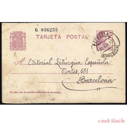 España Spain Entero Postal 69 Matrona 1933 Azpeitia