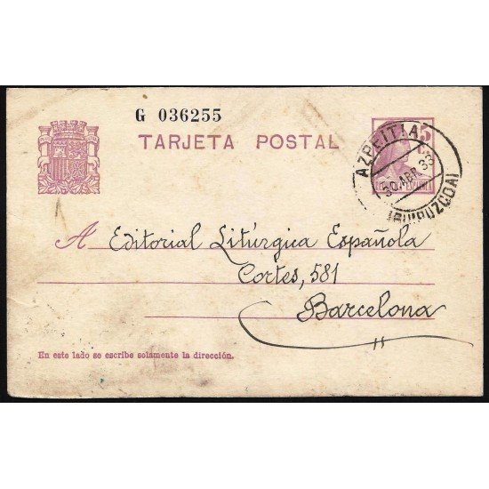 España Spain Entero Postal 69 Matrona 1933 Azpeitia