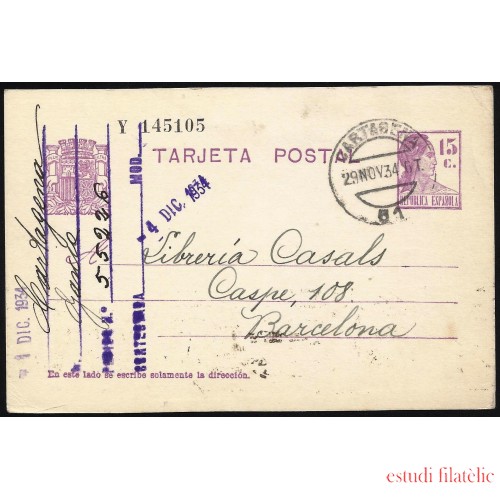 España Spain Entero Postal 69 Matrona 1934 Cartagena
