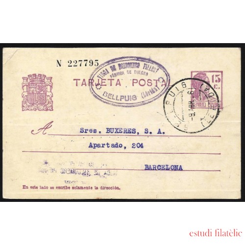España Spain Entero Postal 69 Matrona 1936 Bellpuig