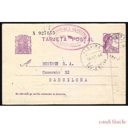 España Espain Entero Postal 69 Matrona 1934 Albaida
