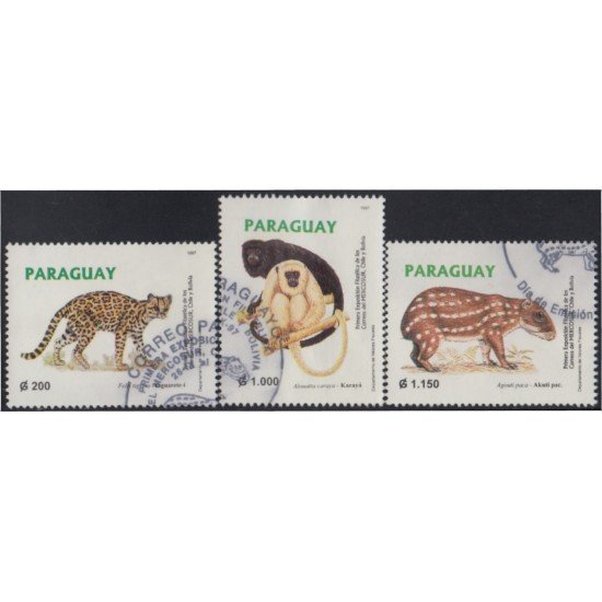 Paraguay 2727/29 1997 Animales Yaguareté Akuti pac Karayá usados Paraguay 2727/29 1997 Animales Yaguareté Akuti pac Karayá usados