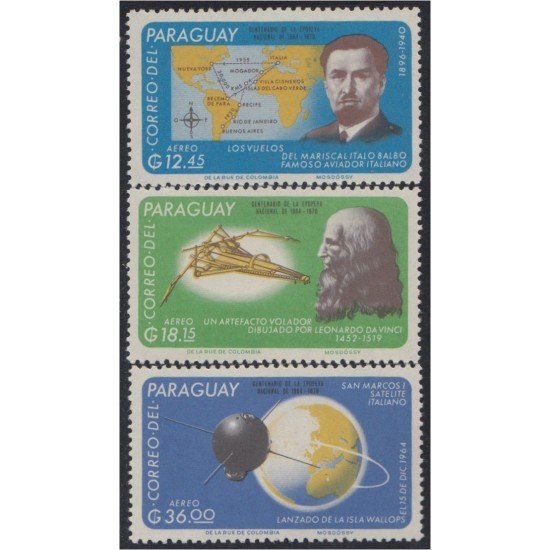 Paraguay A- 444/46 1967 Mariscal Italo Balbo Leonardo da Vinci Satélite San Marcos I MNH Paraguay A- 444/46 1967 Mariscal Italo Balbo Leonardo da Vinci Satélite San Marcos I MNH