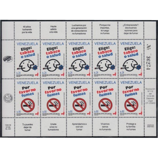 Venezuela 1642/43 MP 1993 Sociedad anticancerosa Día Mundial de no fumar MNH Venezuela 1642/43 MP 1993 Sociedad anticancerosa Día Mundial de no fumar MNH
