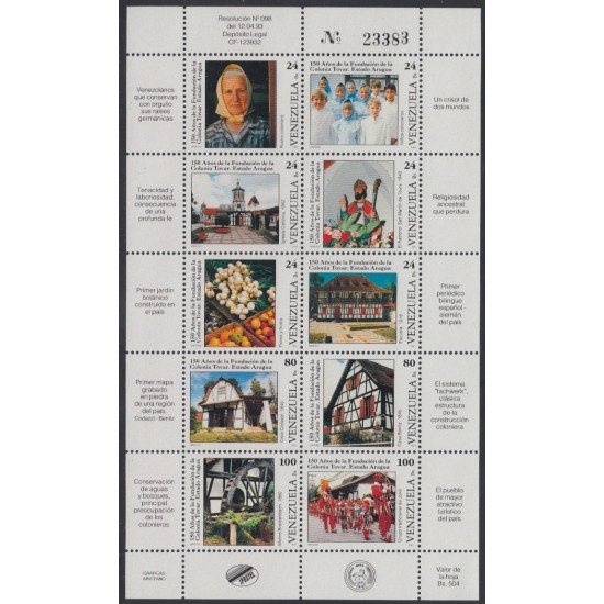 Venezuela 1632/41a 1993 150 Aniversario de la Colonia Tovar MNH Venezuela 1632/41a 1993 150 Aniversario de la Colonia Tovar MNH