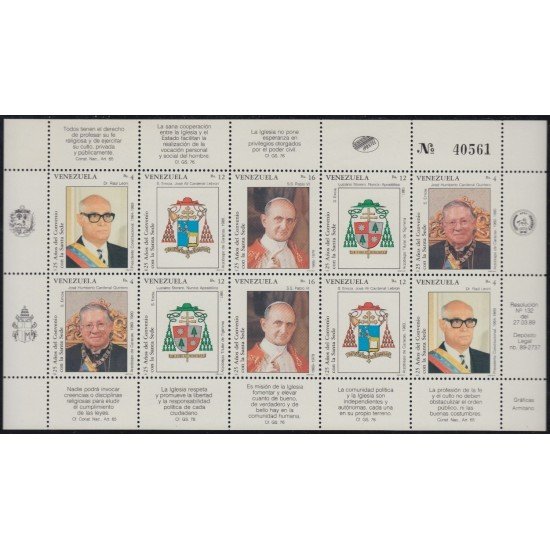 Venezuela 1444/48 1989 25 Aniversario del Convenio con la Santa Sede S.S Pablo VI MNH Venezuela 1444/48 1989 25 Aniversario del Convenio con la Santa Sede S.S Pablo VI MNH