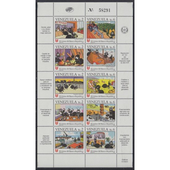 Venezuela 1375/84a 1988 Ilustraciones de las áreas de acción del banco mediante caricaturas con hormigas MNH Venezuela 1375/84a 1988 Ilustraciones de las áreas de acción del banco mediante caricaturas con hormigas MNH