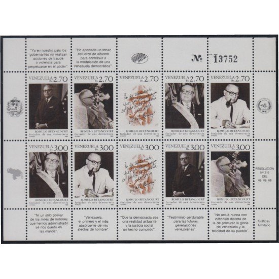 Venezuela 1230/39a 1986 Rómulo Betancourt MNH Venezuela 1230/39a 1986 Rómulo Betancourt MNH