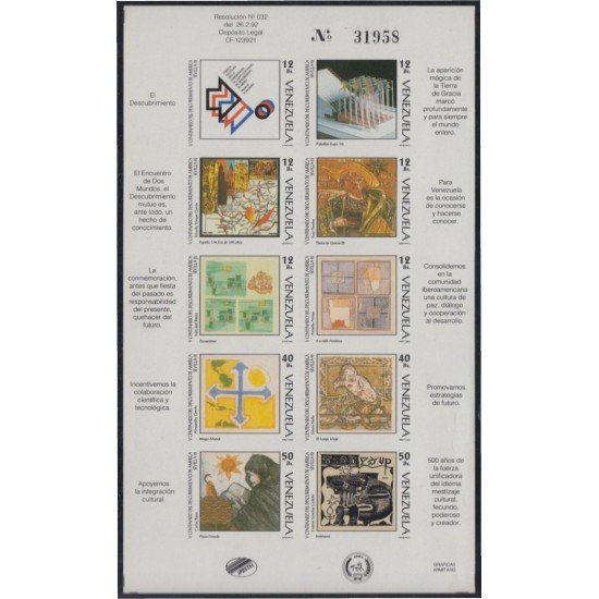 Venezuela 1574/83 1992 Expo 92 500 Años del descubrimiento de América en Sevilla MNH Sin dentar Venezuela 1574/83 1992 Expo 92 500 Años del descubrimiento de América en Sevilla MNH Sin dentar