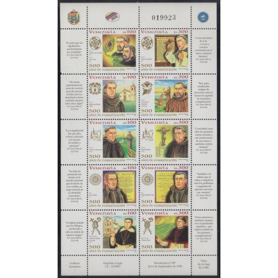 Venezuela Mini Hojita 2103/12 1998 500 Años de evangelización MNH