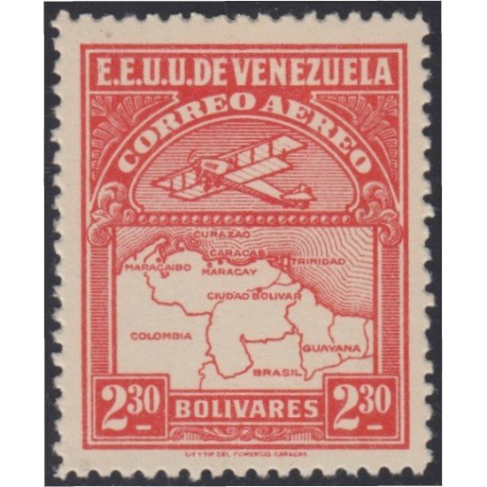 Venezuela A- 12 1930 Inauguración de la red interna de Aéropostal Avioneta y mapa de Venezuela MNH Venezuela A- 12 1930 Inauguración de la red interna de Aéropostal Avioneta y mapa de Venezuela MNH