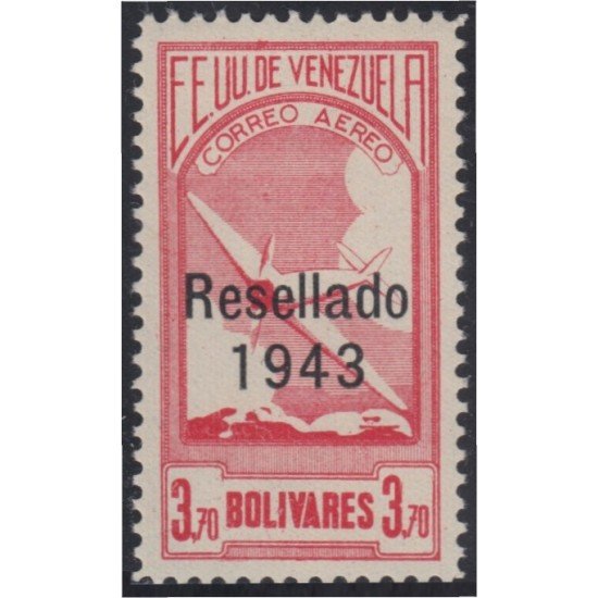 Venezuela  A- 174 1943 Timbres de 1937 Resellado Avión MH