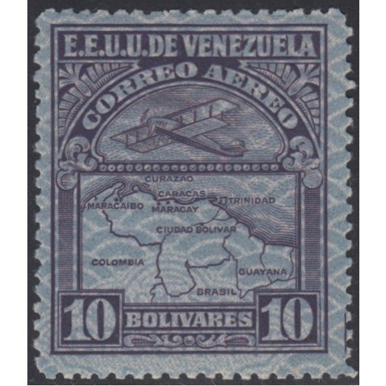 Venezuela  A- 39 1932 Inauguración de la red interna de Aéropostal Avioneta y mapa de Venezuela en papel de seguridad MH