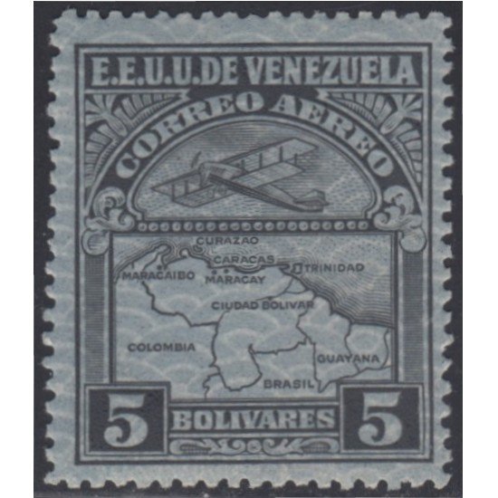 Venezuela  A- 37 1932 Inauguración de la red interna de Aéropostal Avioneta y mapa de Venezuela en papel de seguridad MH