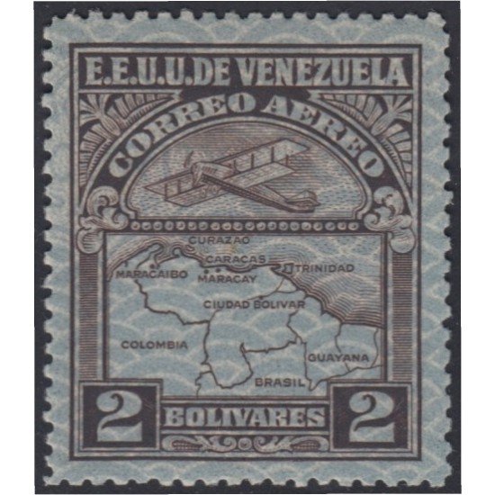 Venezuela A- 30 1932 Inauguración de la red interna de Aéropostal Avioneta y mapa de Venezuela en papel de seguridad MH Venezuela A- 30 1932 Inauguración de la red interna de Aéropostal Avioneta y mapa de Venezuela en papel de seguridad MH