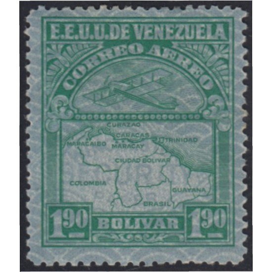Venezuela A- 28 1932 Inauguración de la red interna de Aéropostal Avioneta y mapa de Venezuela en papel de seguridad MH Venezuela A- 28 1932 Inauguración de la red interna de Aéropostal Avioneta y mapa de Venezuela en papel de seguridad MH