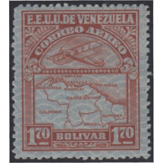 Venezuela A- 26 1932 Inauguración de la red interna de Aéropostal Avioneta y mapa de Venezuela en papel de seguridad MH Venezuela A- 26 1932 Inauguración de la red interna de Aéropostal Avioneta y mapa de Venezuela en papel de seguridad MH