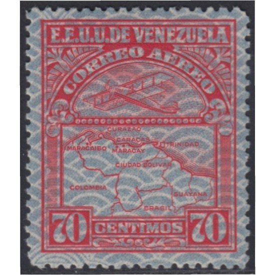 Venezuela A- 22 1932 Inauguración de la red interna de Aéropostal Avioneta y mapa de Venezuela en papel de seguridad MH Venezuela A- 22 1932 Inauguración de la red interna de Aéropostal Avioneta y mapa de Venezuela en papel de seguridad MH