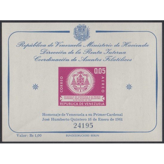 Venezuela 5 HB 1962 Homenaje al Cardenal José Humberto Quintero MNH Venezuela 5 HB 1962 Homenaje al Cardenal José Humberto Quintero MNH