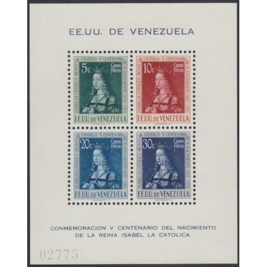 Venezuela 2 HB 1951 Isabel La Católica MNH Venezuela 2 HB 1951 Isabel La Católica MNH